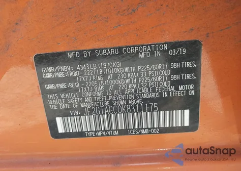 2019 Subaru Crosstrek 2.0I Premium from USA, damaged, VIN JF2GTACC0K8311175